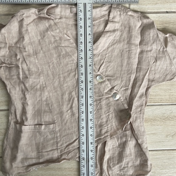 LANDS DOWNUNDER Italian Linen Tan Asymmetrical Button Pocket Boxy Boho Top Small - Picture 7 of 8